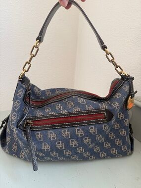 Dooney & Bourke Denim Logo Brocade Shoulder Bag black leather trim Y2K Monogram